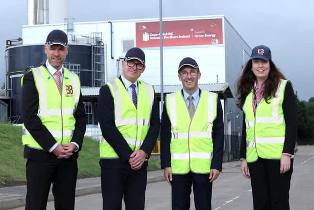 Tom Burke, corporate affairs & sustainability director, Simon Fitzpatrick, general manager with Minister Andrew Muir MLA and Joanna Sneddon, supply chain director. Photograph by Declan Roughan / Press Eye
