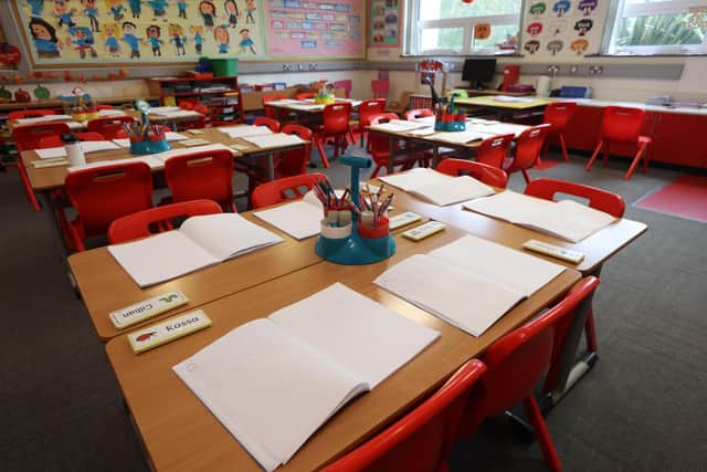 An empty classroom at St Colman's Primary School in Lambeg, Co Antrim, which received a bomb threat. Liam McBurney/the Press Association