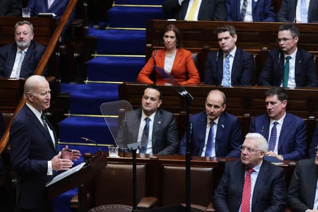 Joe Biden addressing the Oireachtas Eireann, the national parliament of Ireland, at Leinster House in Dublin