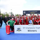 Banbridge Hockey Club men's firsts celebrate Champions Trophy glory, the second prize in pursuit of back-to-back Irish trebles and another step towards a club five-prize clean sweep. (Photo by Hockey Ireland)