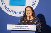 Alliance Party of NI’s Kellie Armstrong giving her acceptance speech at the Titanic Exhibition Centre, Belfast for the Northern Ireland Assembly Election count in 2022.
