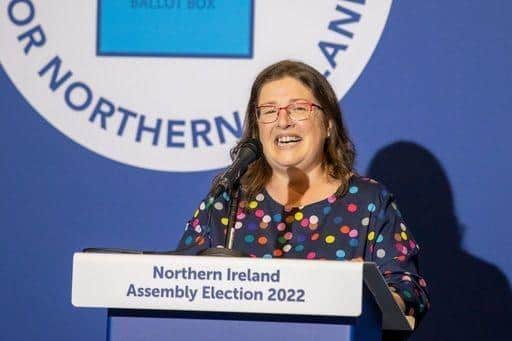 Alliance Party of NI’s Kellie Armstrong giving her acceptance speech at the Titanic Exhibition Centre, Belfast for the Northern Ireland Assembly Election count in 2022.