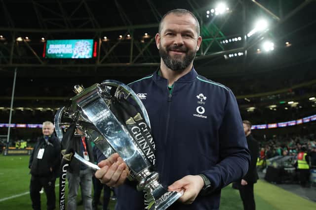 Ireland head coach Andy Farrell holds the Six Nations trophy