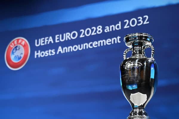 The UEFA Euro trophy on display a few moments before the announcement of the elected countries which will host the Euro 2028 and the Euro 2032 fooball tournaments during a ceremony at the UEFA headquarters in Nyon. (Photo by FABRICE COFFRINI/AFP via Getty Images)