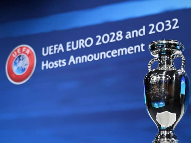 The UEFA Euro trophy on display a few moments before the announcement of the elected countries which will host the Euro 2028 and the Euro 2032 fooball tournaments during a ceremony at the UEFA headquarters in Nyon. (Photo by FABRICE COFFRINI/AFP via Getty Images)