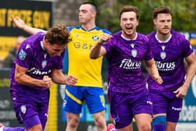 Joe Thomson celebrates scoring Coleraine's winner against Bangor. (Photo by Andrew McCarroll/Pacemaker Press)