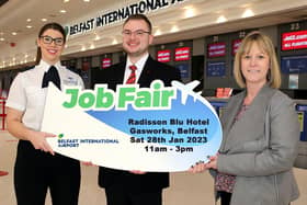 Over 300 jobs are on offer at Belfast International Airport as the airport hosts its biggest ever jobs fair this weekend in Belfast. Pictured: Paula Turner (Wilson James), Ryan Allsopp (Swissport) and Jaclyn Coulter (HR manager at Belfast International Airport)