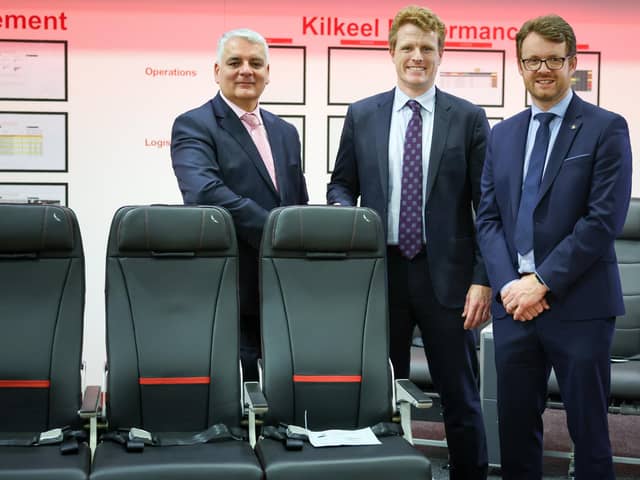 US company Collins Aerospace, an RTX business, has invested over £16m in an ambitious R&D project at its Kilkeel site that is helping develop highly innovative passenger seating products for wide body and twin aisle aircraft. Pictured are Mel Chittock, Interim CEO, Invest Northern Ireland, Joe Kennedy III, US, Special Envoy to Northern Ireland for Economic Affairs and Alan Henning, managing director of operations; Collins Aerospace’s Kilkeel facility
