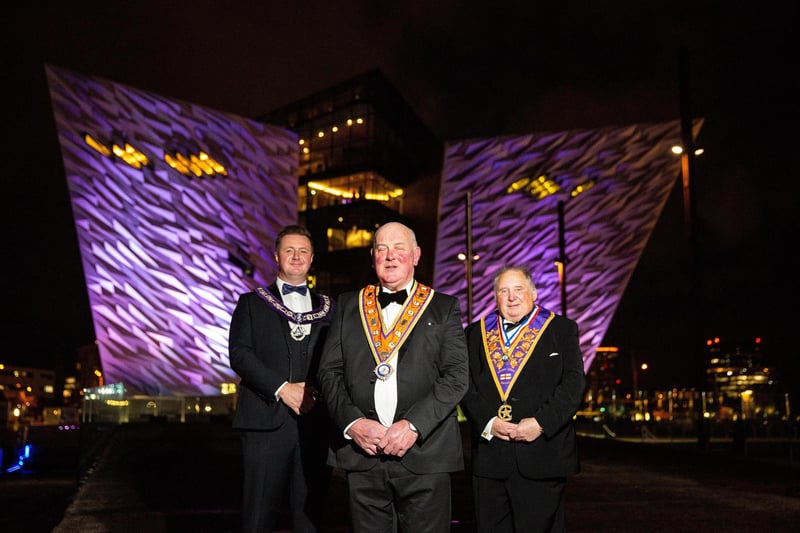 Andy Murray (Grand Master of Scotland), Edward Stevenson (Grand Master of Ireland), and Ron Bather (Grand Master of England) were present at a Gala Dinner on Friday night in Titanic Belfast held to celebrate the coronation of King Charles III