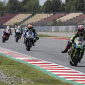 Jonathan Rea (Kawasaki Racing Team) leads Andrea Locatelli (Pata Yamaha) at Catalunya in Barcelona
