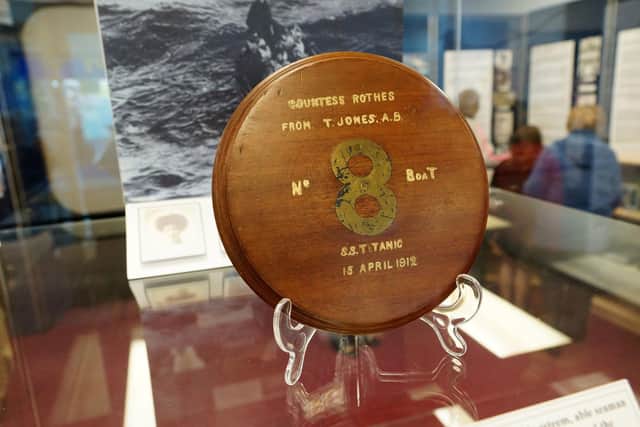 A number plate from a Titanic lifeboat which will be exhibited, alongside other Titanic mementos, at the Rothes Hall, Glenrothes. The items are part of the Leslie-Rothes collection and have been granted permanent loan to the Glenrothes and Area Heritage Centre.