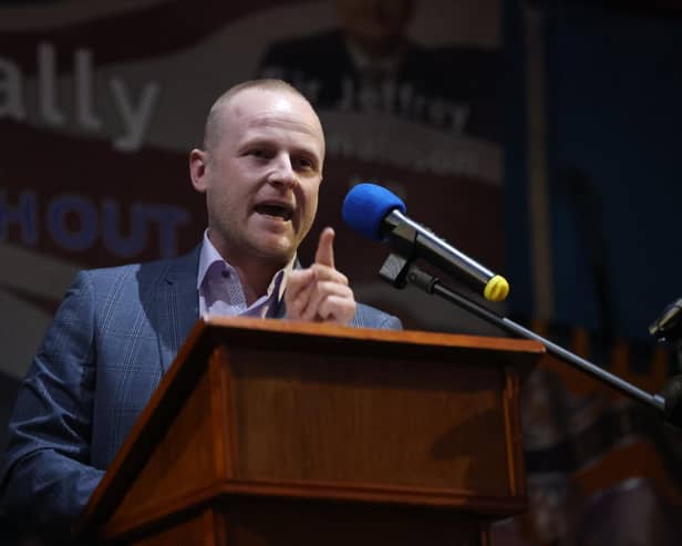 Loyalist Jamie Bryson speaks during a anti Northern Ireland Protocol rally in Ballymoney, Co Antrim. Mr Bryson has parted company with former allies in the anti-Protocol cause over the recent deal on the Irish Sea border which resulted in a resumption of the Stormont Assembly. Picture date: Friday March 25, 2022. Photo: PA