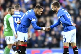 Nicolas Raskin (right) celebrates with James Tavernier after scoring the second goal for Rangers in the 4-0 win over Hibs on Saturday
