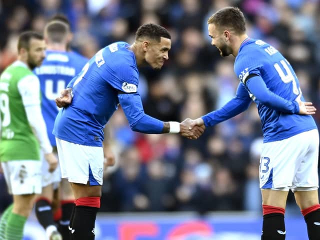 Nicolas Raskin (right) celebrates with James Tavernier after scoring the second goal for Rangers in the 4-0 win over Hibs on Saturday