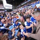 Ipswich Town manager Kieran McKenna celebrates the side’s promotion to the Premier League after the Sky Bet Championship match at Portman Road. (Photo by Zac Goodwin/PA Wire)