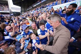 Ipswich Town manager Kieran McKenna celebrates the side’s promotion to the Premier League after the Sky Bet Championship match at Portman Road. (Photo by Zac Goodwin/PA Wire)