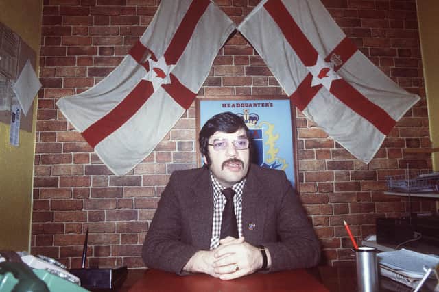 Andy Tyrie-UDA in UDA Head Quarters on Newtownards Road.  Pacemaker Press Intl.  Nov. 1980  1036/80/C