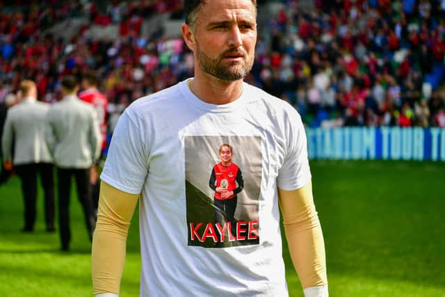 Crusaders goalkeeper Jonny Tuffey pays respect to Kaylee Black