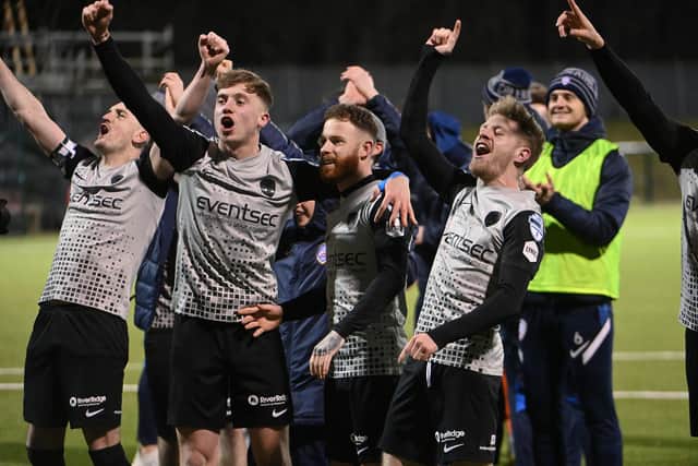Coleraine players celebrate after a penalty shoot-out win over Cliftonville in the BetMcLean Cup semi-final.