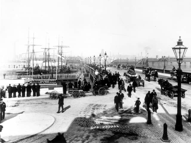 circa 1900:  Belfast and County Down Railway Co's steamers, Slieve Donard & Slieve Bearnach moored at Queen's Bridge, Belfast.  (Photo by Hulton Archive/Getty Images)