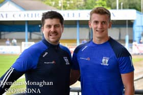 Newry City boss Gary Boyle pictured with new signing Tom Murphy. Picture: Brendan Monaghan