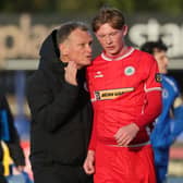 Cliftonville manager Jim Magilton (left) in conversation with two-goal Brian Healy last weekend in Dungannon. (Photo by David Maginnis/Pacemaker Press)