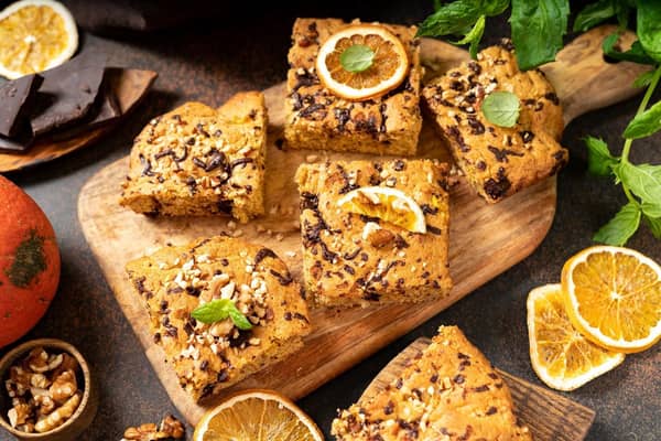 Pumpkin blondie bars with chocolate and walnuts