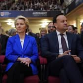 Left to right: President of the European Council Charles Michel, President of the European Commission Ursula von der Leyen and Taoiseach Leo Varadkar, sit together during the international conference to mark the 25th anniversary of the Belfast/Good Friday Agreement, at Queen's University Belfast