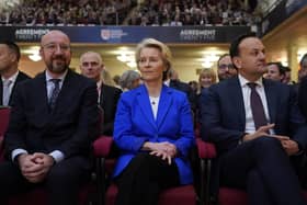 Left to right: President of the European Council Charles Michel, President of the European Commission Ursula von der Leyen and Taoiseach Leo Varadkar, sit together during the international conference to mark the 25th anniversary of the Belfast/Good Friday Agreement, at Queen's University Belfast