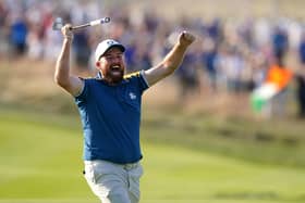 Team Europe's Shane Lowry reacts during the Ryder Cup's Sunday singles. (Photo by Zac Goodwin/PA Wire)