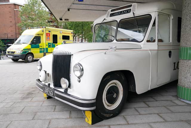 A 1948 Daimler ambulance is installed at the front of the London Ambulance Service HQ in London as part of NHS75 celebrations. Picture date: Tuesday July 4, 2023.