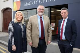 Ulster Bank business development manager Lee White with Chris Mackey of Mackey Opticians and Portadown practice manager Rachel McDonald