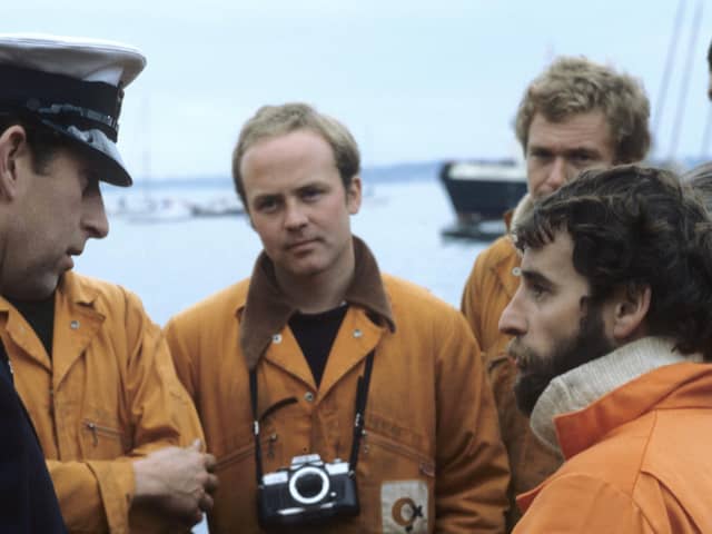 11 October 1982. The then HRH Prince Charles with salvage team divers (l to r) Kester Keighley, Martin Icke and Christopher Underwood.Steve Foote, Mary Rose Trust photographer and diver:"They were yelling and cheering and we felt like kings as we came in"