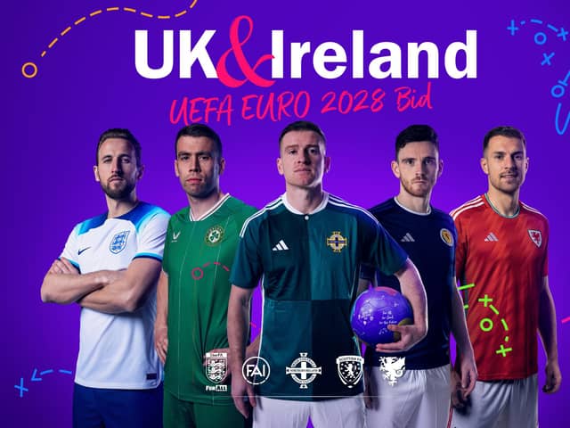 Captains of the nations involved with the UEFA EURO 2028 bid: Harry Kane (England), Seamus Coleman (Republic of Ireland), Steven Davis (Northern Ireland), Andy Robertson (Scotland) and Aaron Ramsey (Wales)