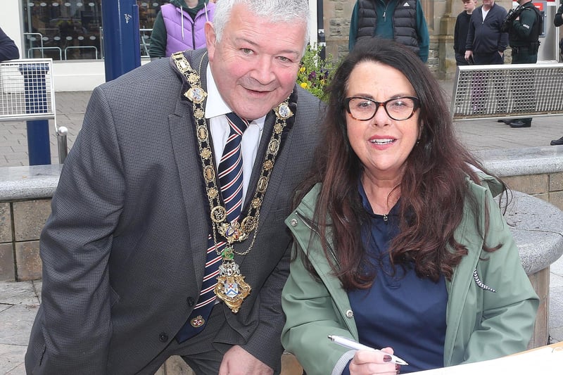 Mayor of Coleraine with Elaine O Neill pictured at the Causeway Coast and Glens Borough Council King Charles Coronation Big Screen viewing in Coleraine town centre on Saturday