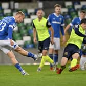 Linfield’s Eetu Vertainen scores the winning goal against Glenavon