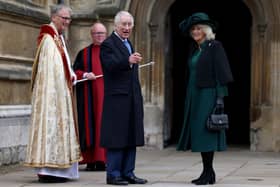 King Charles III and Queen Camilla arrive for the Easter Mattins Service at St George's Chapel at Windsor Castle in Berkshire.