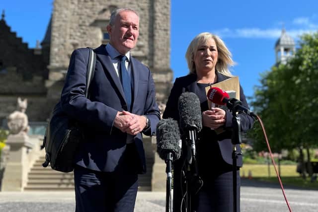 Sinn Fein's Deputy Leader Michelle O'Neill and Conor Murphy speak to media ahead of a meeting with the head of the NI Civil Service Jayne Brady at Stormont Castle