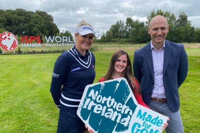 George Diamondis, Golf Marketing Manager at Tourism NI, pictured with Northern Ireland Professional golfer, Olivia Mehaffey, and Claire Hamilton, Consumer PR Officer at
Tourism NI