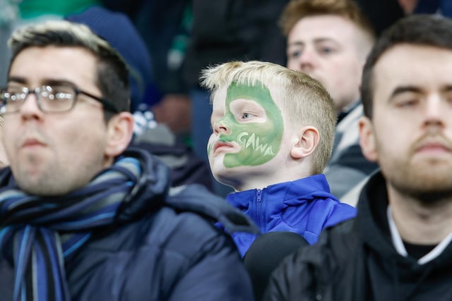 A young Northern Ireland fan cheering on Northern Ireland in Belfast