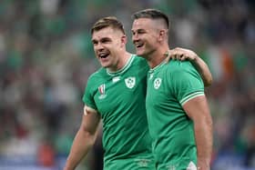 Ireland's Garry Ringrose (left) and Johnny Sexton celebrate last Saturday's victory over Scotland at the Stade de France in Paris