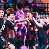 Musa Dibaga celebrates saving a decisive penalty which kept Crusaders in the Premiership. (Photo by Andrew McCarroll/Pacemaker Press)