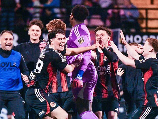 Musa Dibaga celebrates saving a decisive penalty which kept Crusaders in the Premiership. (Photo by Andrew McCarroll/Pacemaker Press)