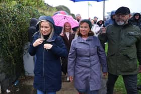 First Minister Michelle O'Neill MLA (left) and Sinn Fein president Mary Lou McDonald (centre) at the Garvaghy road. Pic: Peter Morrison/PA Wire
