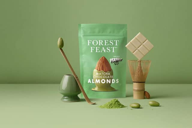 The new Matcha Chocolate Almonds snack created by Forest Feast with London’s top matcha tea company PerfectTed