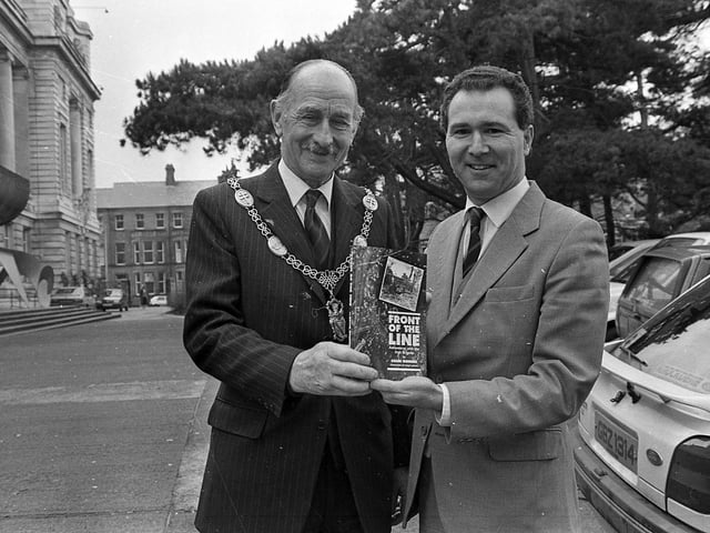 Pictured in February 1992 is Armagh District Council chairman George Macartney and editor Richard Doherty at the launch of Adventures of the Irish Brigade by Colin Gunner at the Ulster Museum, Belfast. Picture: News Letter archives