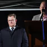 DUP leader Sir Jeffrey Donaldson on stage with Jamie Bryson, right, at an anti-protocol rally in Lurgan in April 2022. Writing in today's News Letter, Mr Bryson says he is 'increasingly driven to the conclusion' that Sir Jeffrey 'is about to do a deal which betrays all the fundamental commitments made' in opposition to the NI Protocol