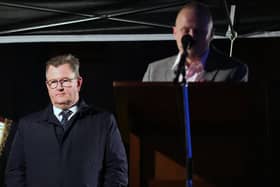 DUP leader Sir Jeffrey Donaldson on stage with Jamie Bryson, right, at an anti-protocol rally in Lurgan in April 2022. Writing in today's News Letter, Mr Bryson says he is 'increasingly driven to the conclusion' that Sir Jeffrey 'is about to do a deal which betrays all the fundamental commitments made' in opposition to the NI Protocol