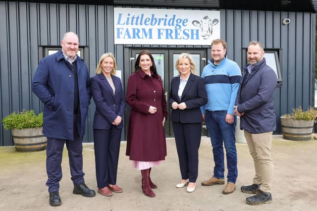 (L-R) Dominic Kearns, CEO and Co-Founder of Fibrus; Jenny Lennon, Managing Director of Hyperfast Networks; Emma Little-Pengelly, deputy First Minister; Michelle O'Neill, First Minister; Caleb Howard, Owner of Littlebridge Farm; Shane Haslem, COO of Fibrus.