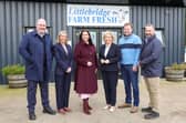 (L-R) Dominic Kearns, CEO and Co-Founder of Fibrus; Jenny Lennon, Managing Director of Hyperfast Networks; Emma Little-Pengelly, deputy First Minister; Michelle O'Neill, First Minister; Caleb Howard, Owner of Littlebridge Farm; Shane Haslem, COO of Fibrus.